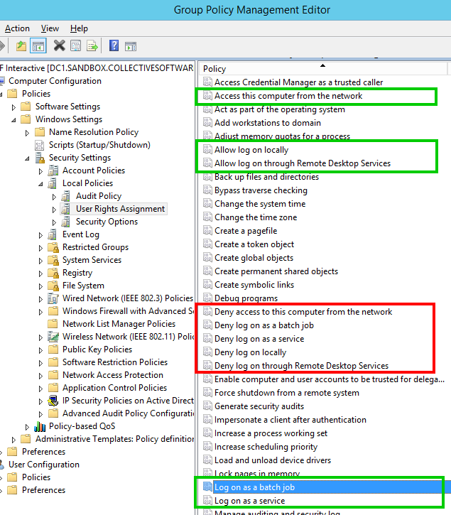 group policy user rights assignment registry